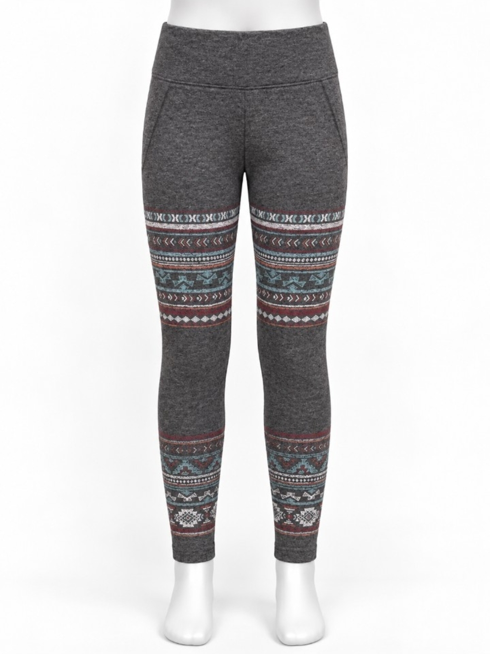 Justice Charcoal Gray Leggings with Teal and Burgundy Fair Isle Bands